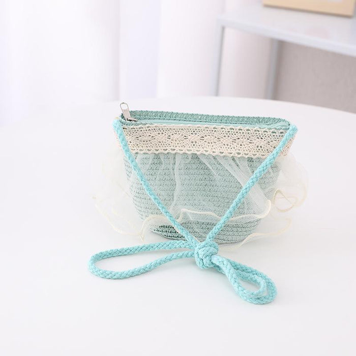 Summer Children's Lace Bow Grass Bucket Hat Bag Set