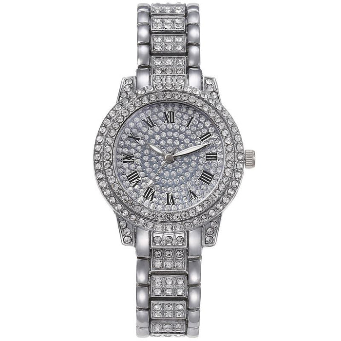 Leisure Full Diamond Retro Roman Disc Steel Band Watch Llz20797