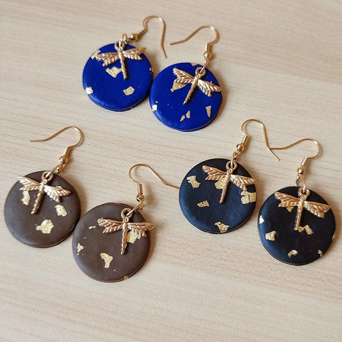 Handmade Dragonfly Gold Foil Advanced Vintage Round Soft Pottery Earrings