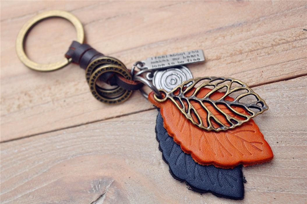 Creative key chain men's and women's small gift leather leaf Vintage woven key chain