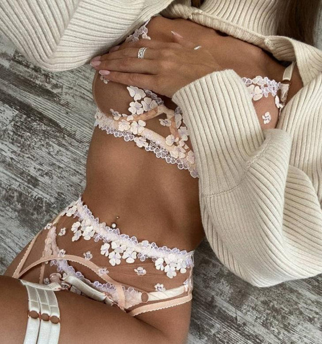 Women Flower Embroidered Sexy Lingerie Three Piece Set