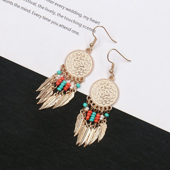 New Alloy Disc Carved Rose Long Rice Bead Leaf Earrings