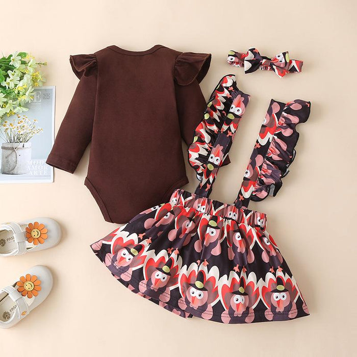 Printed solid color fly sleeve infant top Turkey flower skirt three piece set