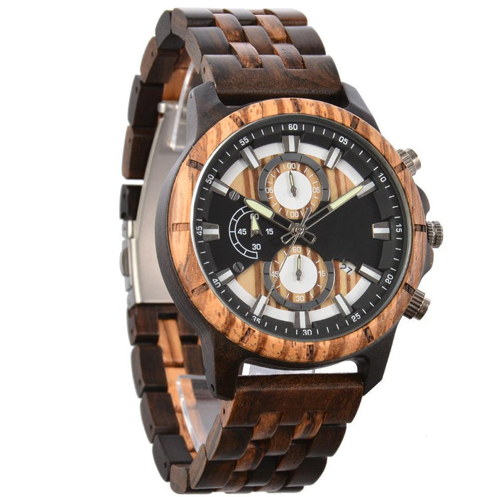 New Men's Business Multifunctional Luminous Large Dial Wooden Quartz Watch