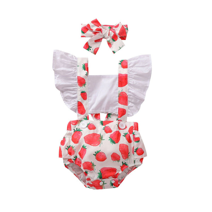 Watermelon strawberry printed baby backless lace up climbing suit two piece set