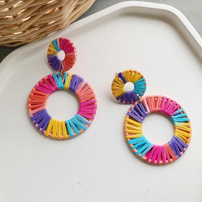 colourful Lafite Woven Geometric Double Round Earrings Jewelry