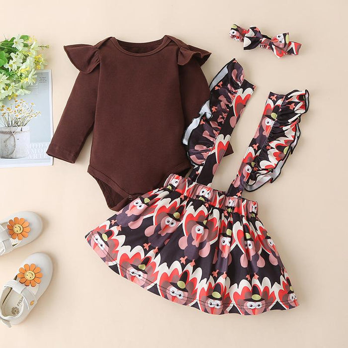 Printed solid color fly sleeve infant top Turkey flower skirt three piece set