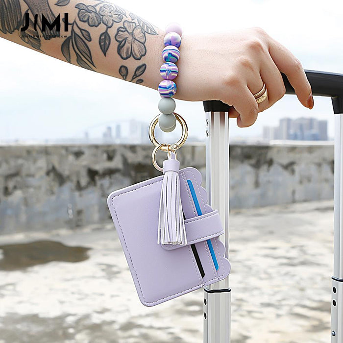 Tassel PU Leather Card Holder Silicone Bead Bracelet Keychain