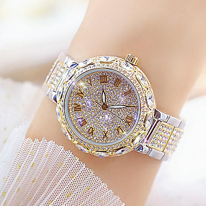 Fashion Stainless Steel Rhinestone Crystal Ladies Quartz Watch Dress Clock