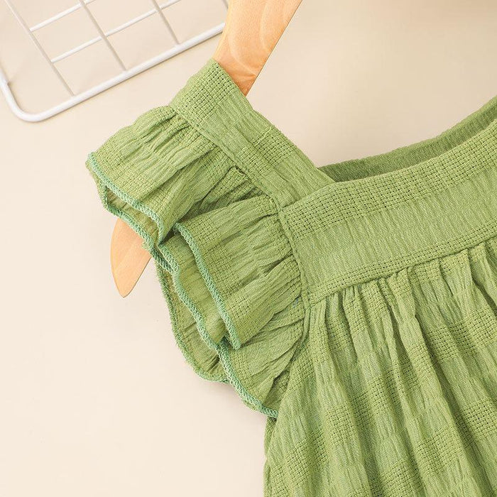 Girls' skirt Avocado Green Square Neck fly sleeve pleated skirt