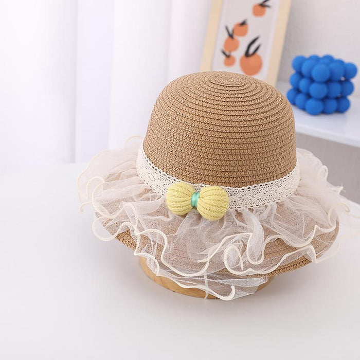 Summer Children's Lace Bow Grass Bucket Hat Bag Set