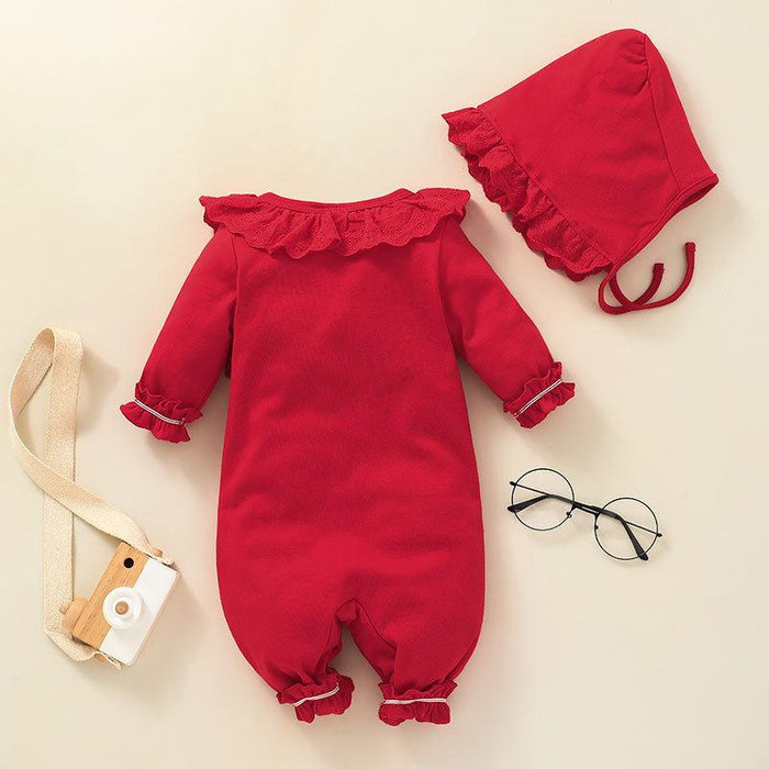 Red Baby Girls Lace Decorate Jumpsuit With Hat