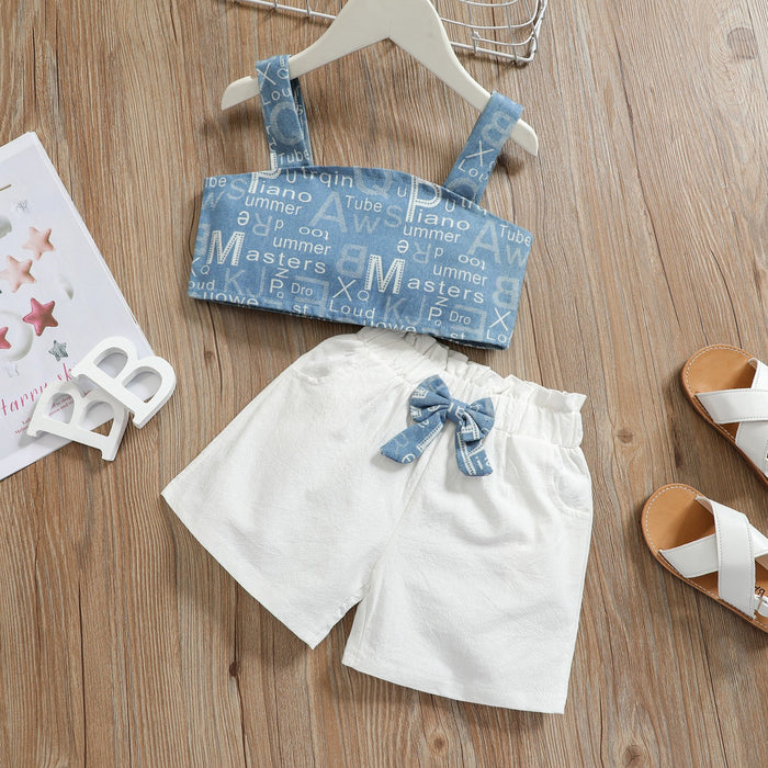 Girls' blue letter single breasted suspender blouse