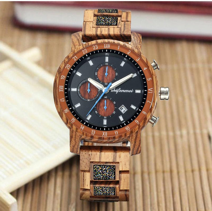 Men's Sports Multifunctional Wood Business Quartz Watch