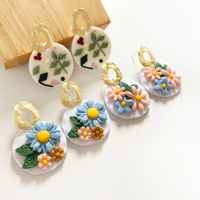 Handmade Flower Soft Pottery Earrings Retro Aesthetic Texture Earrings Sunflower Daisy Fashion Jewelry