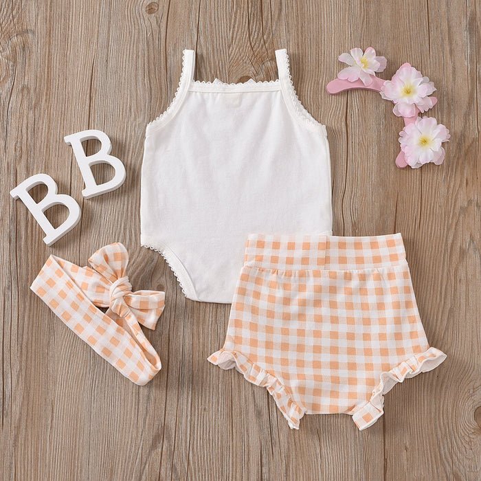 Girls' suspender plaid shorts three piece set