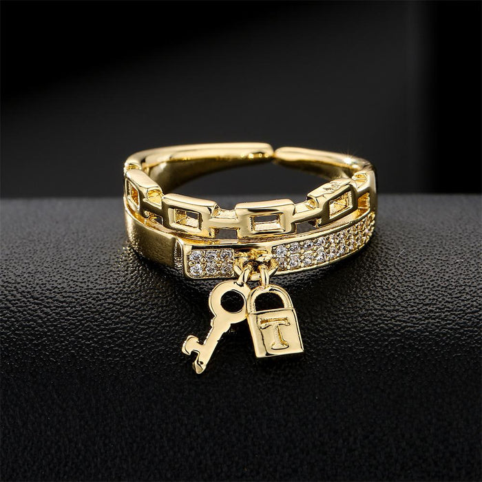 Mechanical Style Chain Key Lock Geometric Opening Ring