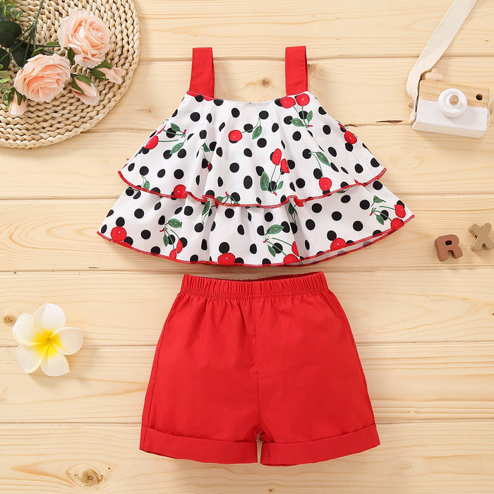 Girls' cherry pattern suspender top and Shorts Set