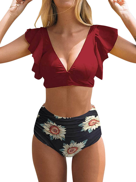 Sexy Ruffled High Waist Split Swimsuit Backless Bikini