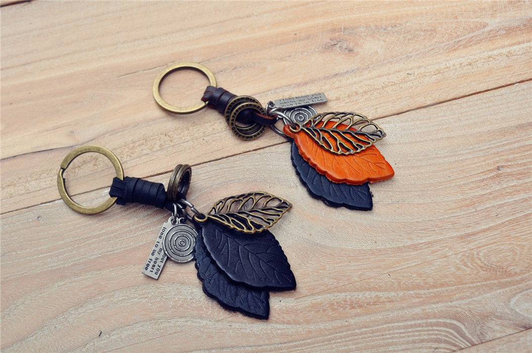 Creative Keychains men's and women's small gift leather leaf Vintage woven Keychains