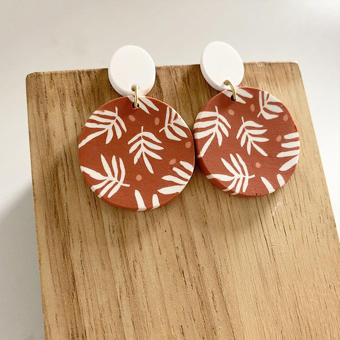 Handmade soft pottery Earrings art hand-painted patterns turtle back leaves palm leaves spring new earrings modern style jewelry