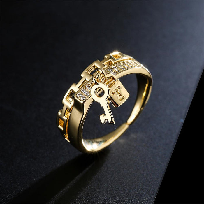 Mechanical Style Chain Key Lock Geometric Opening Ring