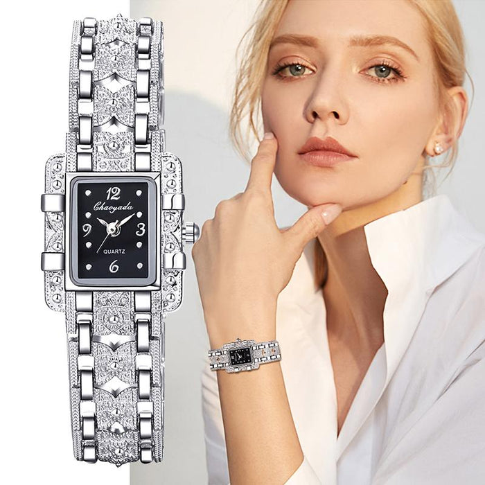 Women Watch Rectangle Dial Silver Stainless Steel Crystal Watches Fashion Quartz