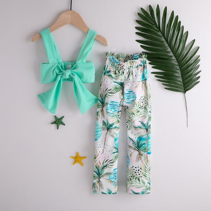 Girl's green printed coconut tree suspender two pieces