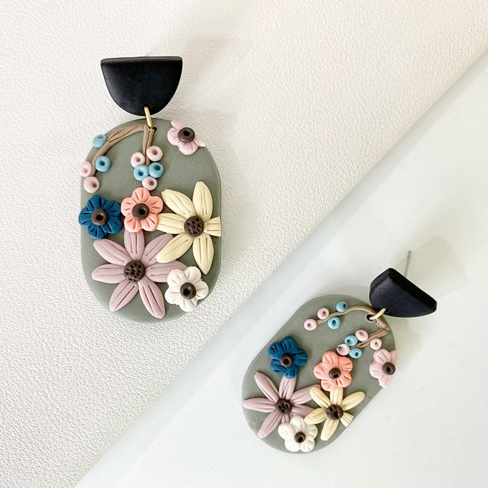 New Creative Colorful Flower Geometric Soft Pottery Earrings