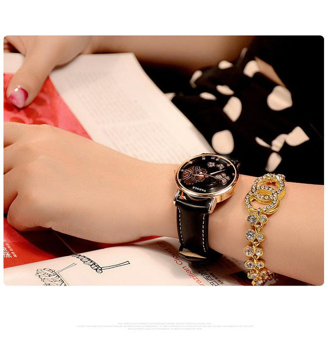 Fashion Yazole Butterfly Flower Bling Genuine Leather Quartz Wedding Women Wristwatches