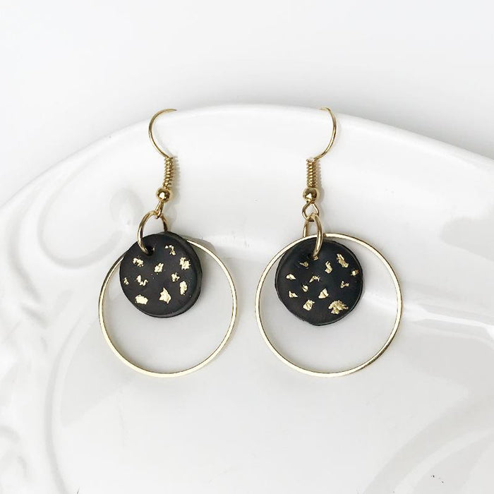 Geometric Metal Soft Pottery Round Pendant Gold Foil Texture Earrings