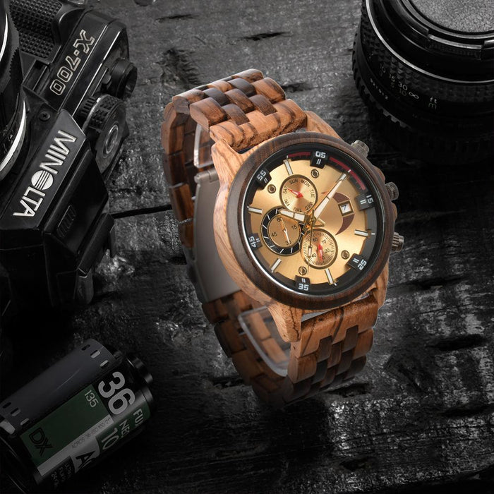 New Men's Business Multifunctional Luminous Wooden Quartz Watch