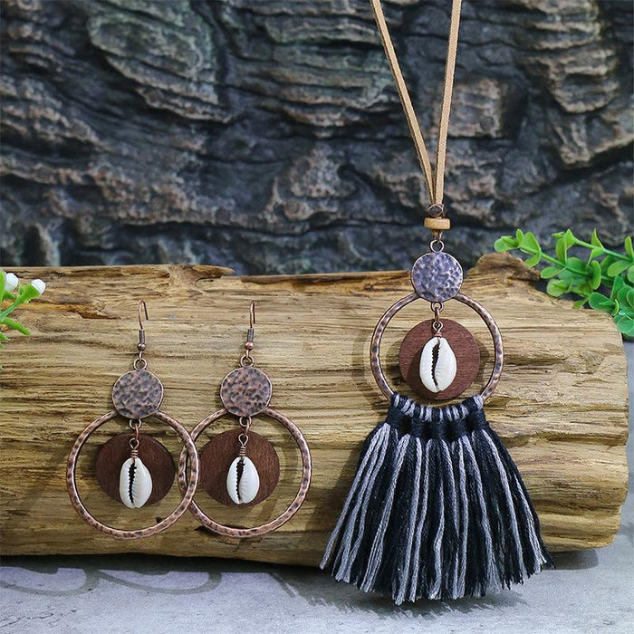 Fashion Exaggerated Geometric Hollowed Tassel Pendant Necklace Earrings Set