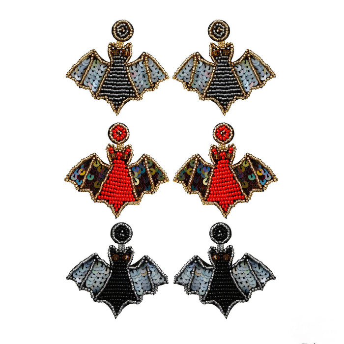 Handmade Halloween Bat Shape Earrings Punk Style Sequins Rice Beads Earrings