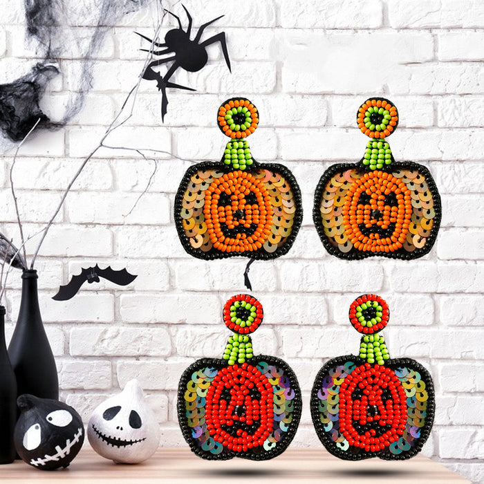 Handmade Halloween Earrings Hand Woven Sequins Rice Beads Pumpkin Earrings